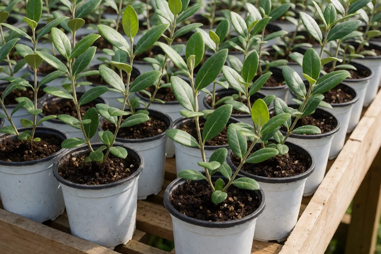 Mudas jovens de goiaba-serrana cultivadas em recipientes individuais