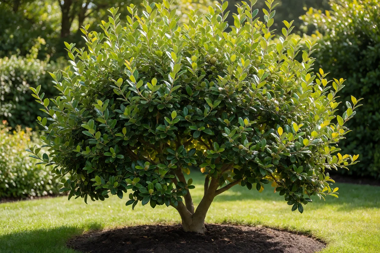 Goiaba-serrana saudável em cultivo bem manejado no jardim