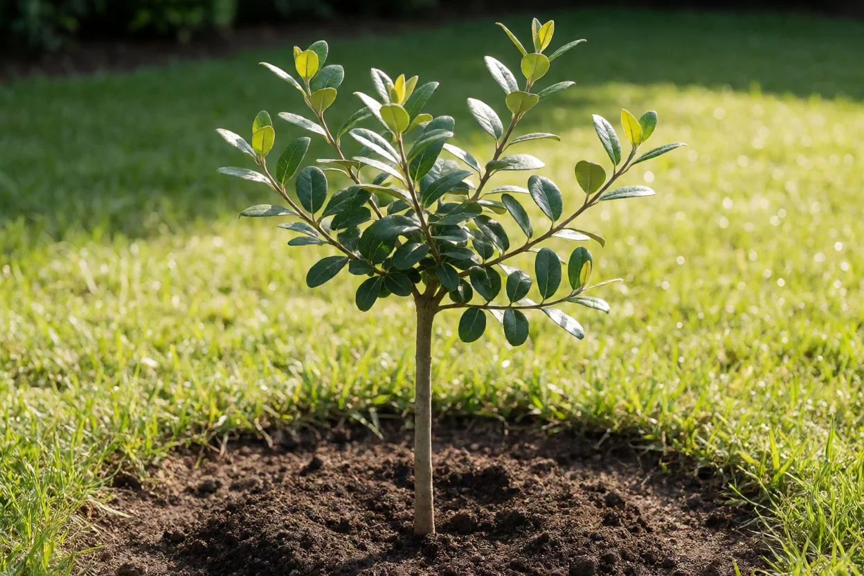 Goiaba-serrana plantada em área ensolarada com espaço ao redor da copa