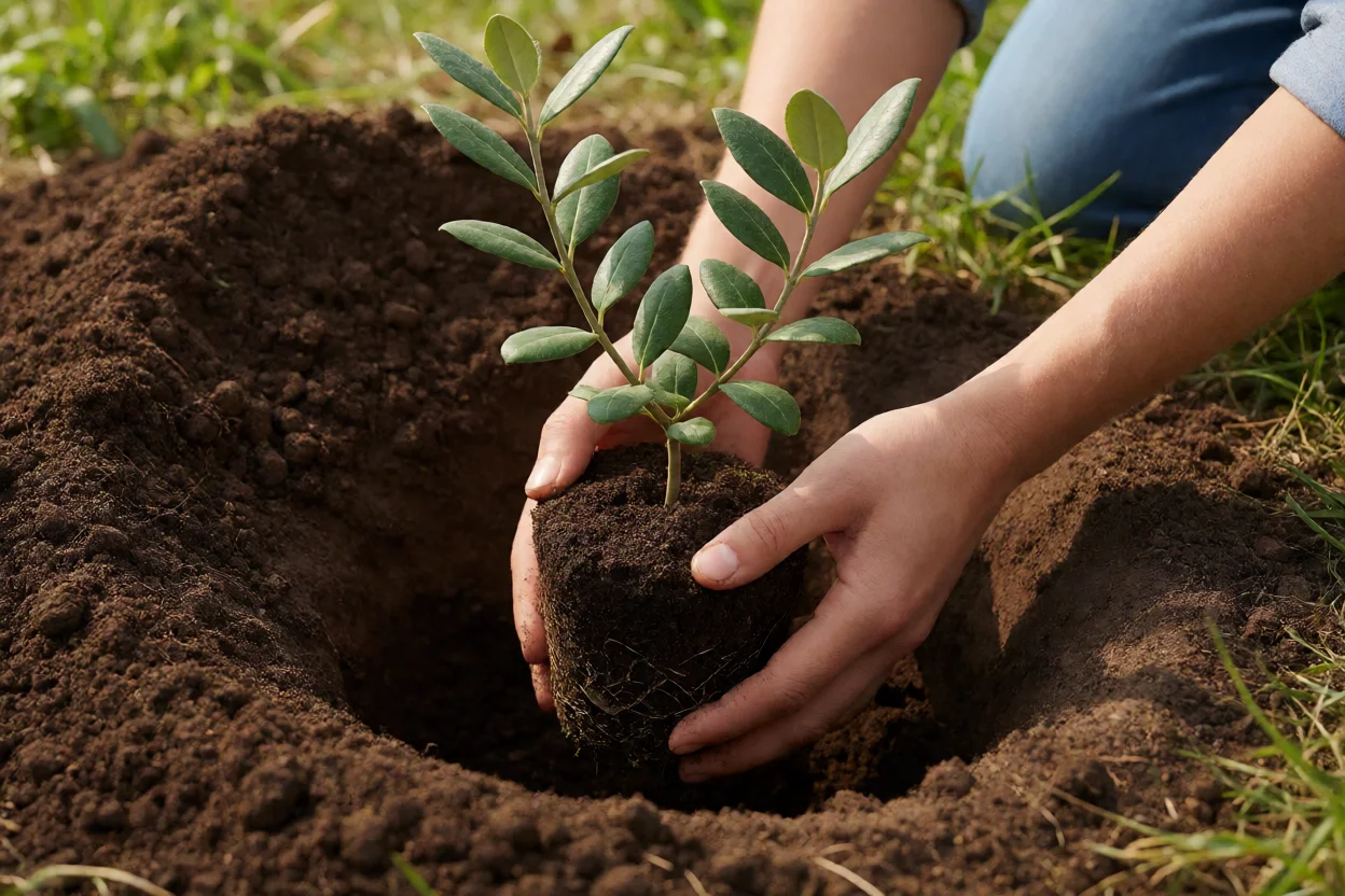 Muda de goiaba-serrana sendo plantada em solo preparado no jardim