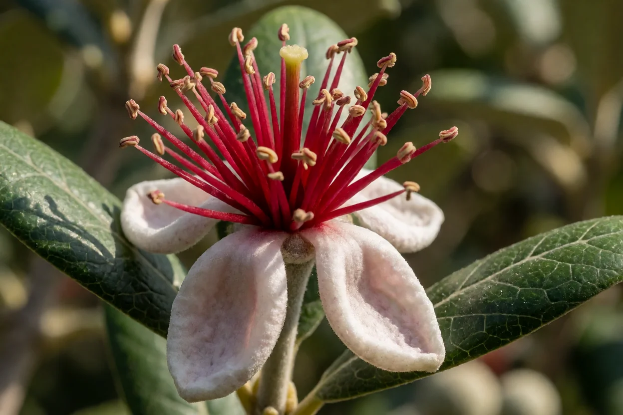 Flor aberta de goiaba-serrana com pétalas claras e estames vermelhos