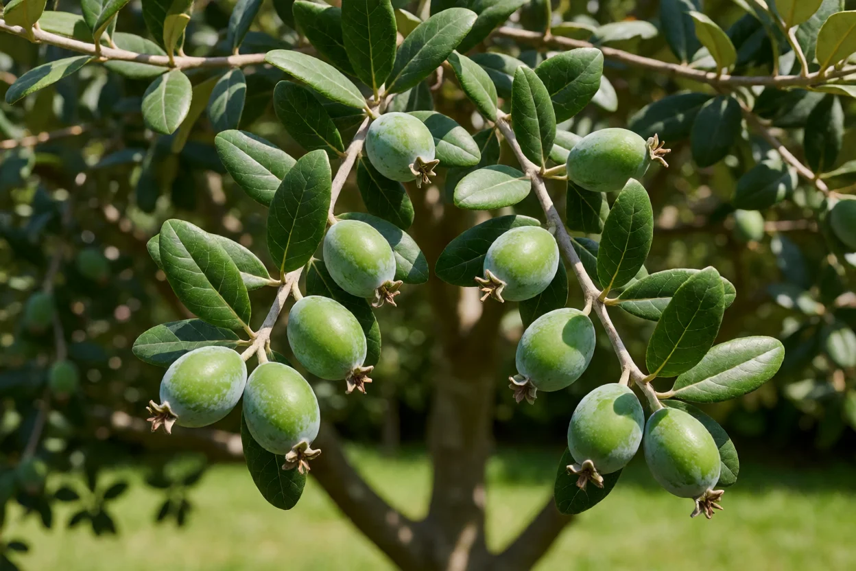 Frutos verdes de goiaba-serrana crescendo nos ramos da árvore