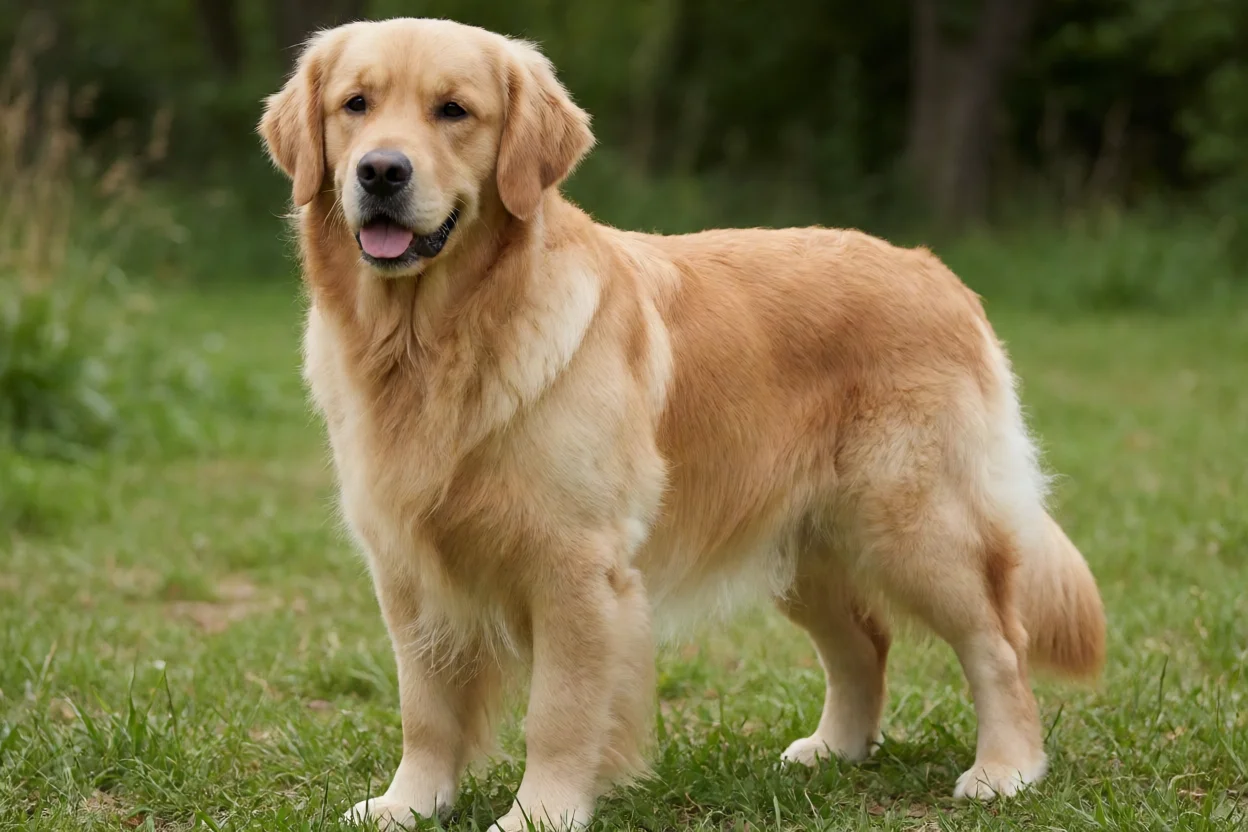 Golden Retriever adulto em ambiente natural com pelo dourado brilhante