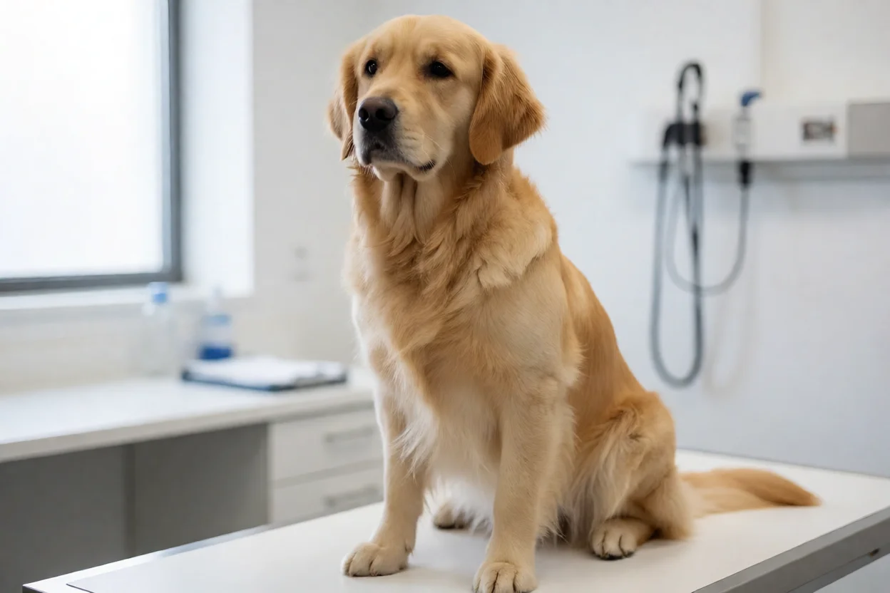 Golden Retriever em consulta veterinária de rotina