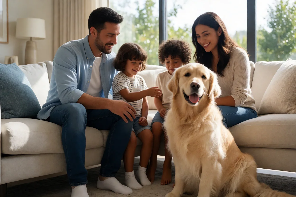 Golden Retriever convivendo tranquilamente com uma família