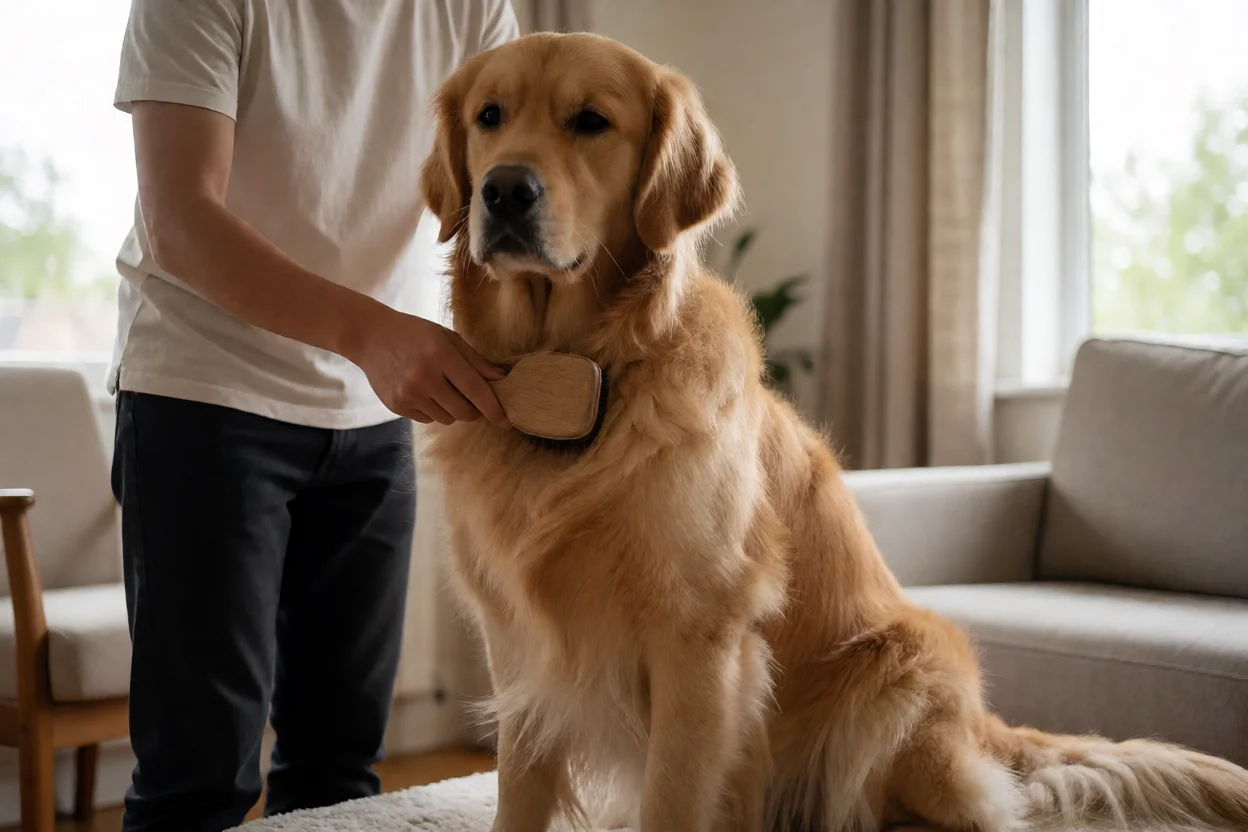 Golden Retriever sendo escovado em casa