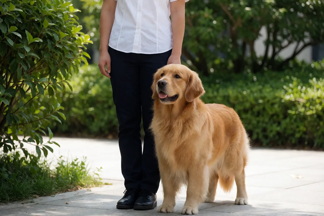 Golden Retriever a responder a comando de obediência com dono