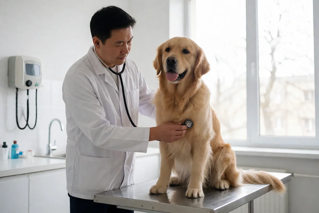 Golden Retriever adulto em consulta veterinária preventiva