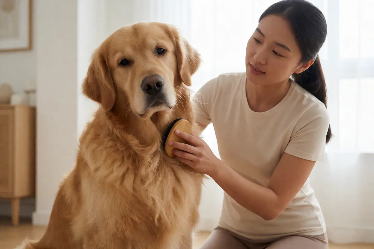 Golden Retriever a ser escovado durante rotina de grooming