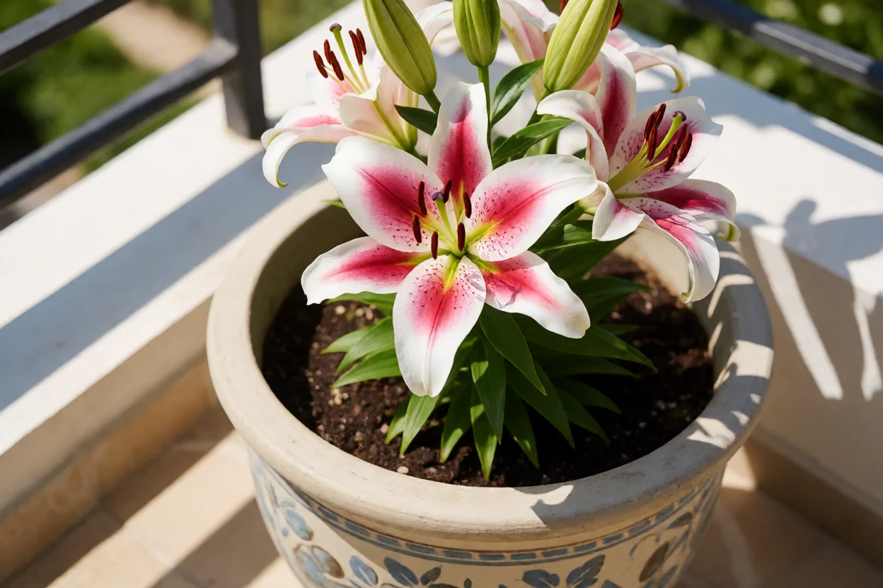 Lírio asiático florindo em vaso grande no terraço