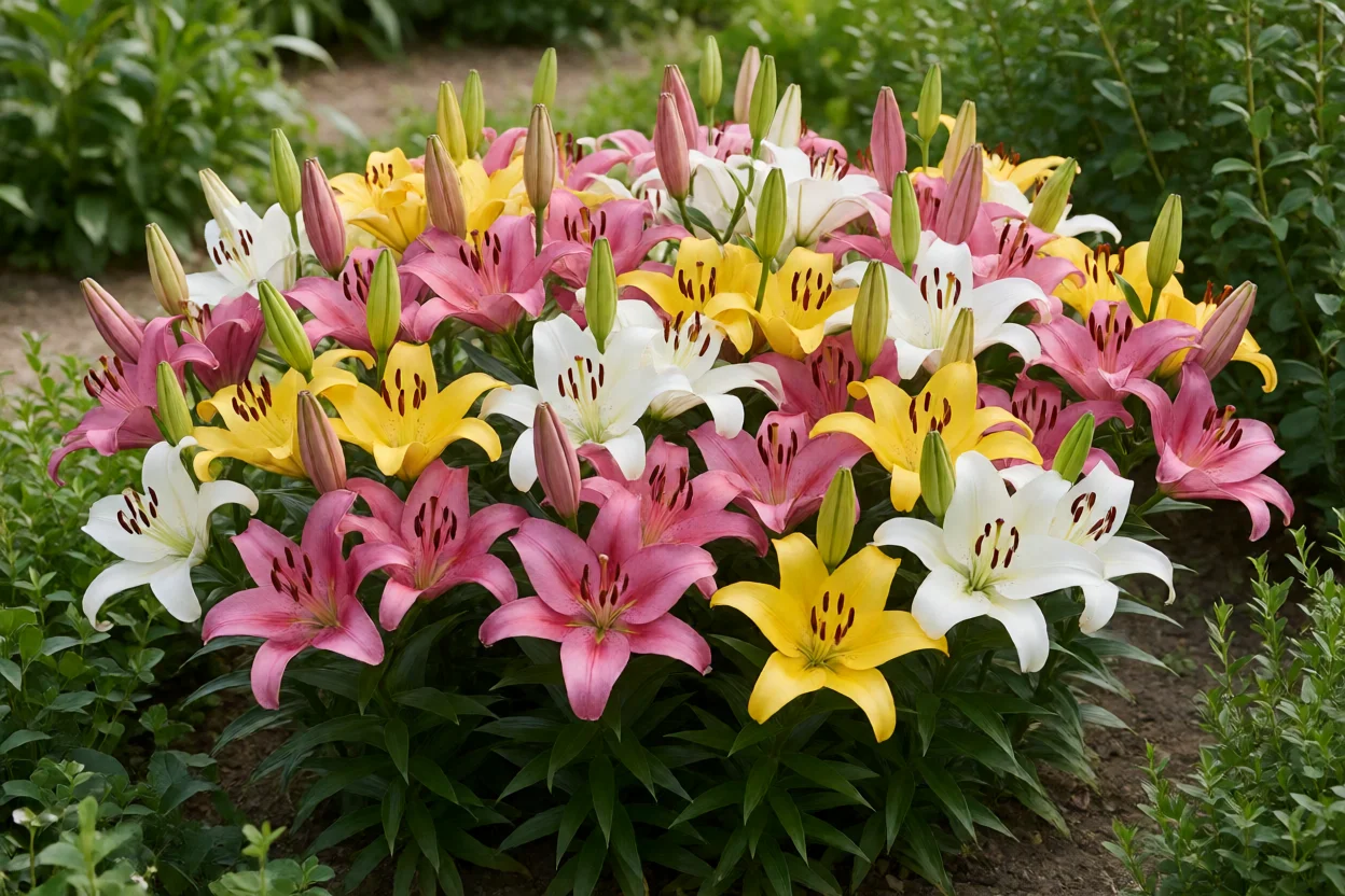 Canteiro colorido de lírios asiáticos em floração plena