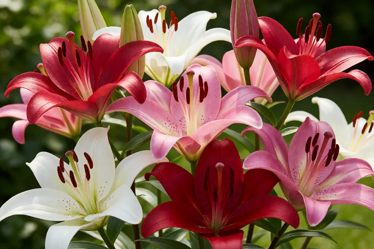 Variedade de lírios asiáticos em cores vermelho, rosa e branco