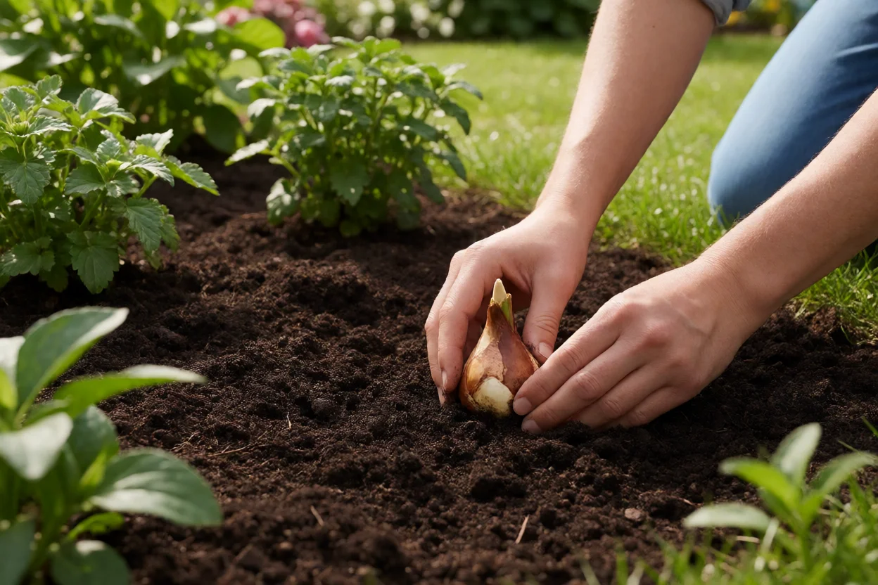Mãos plantando bulbos de lírio asiático em solo preparado