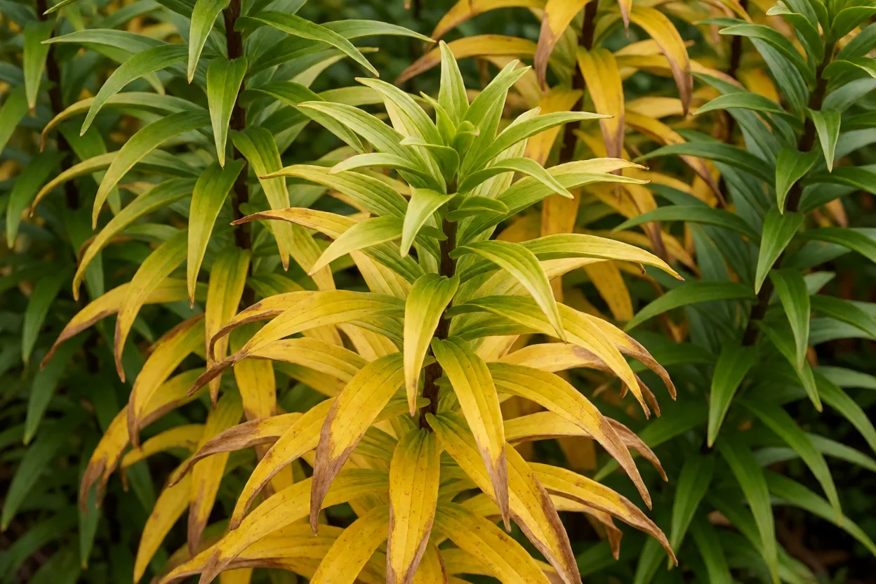 Folhas de lírio asiático amarelando após floração
