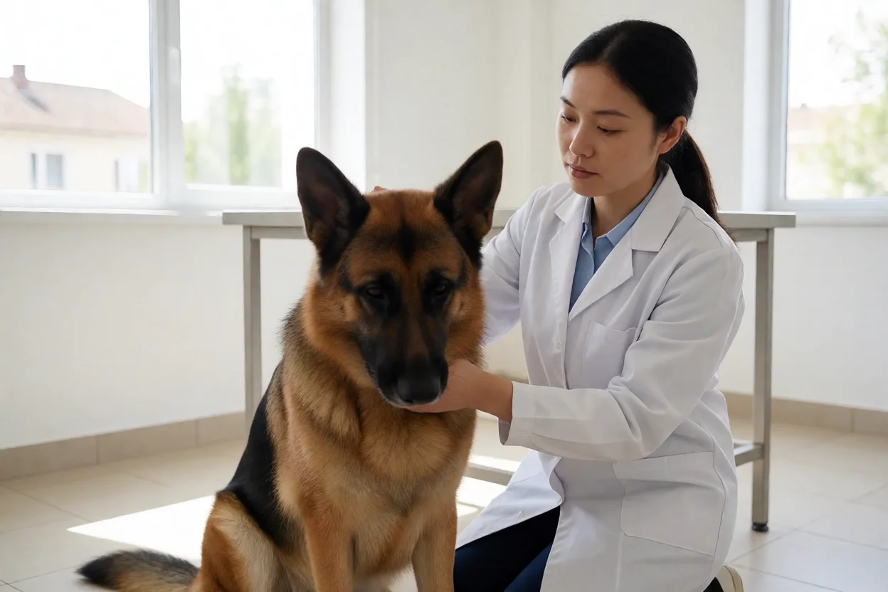 Pastor Alemão sendo avaliado por veterinário após mudança de comportamento