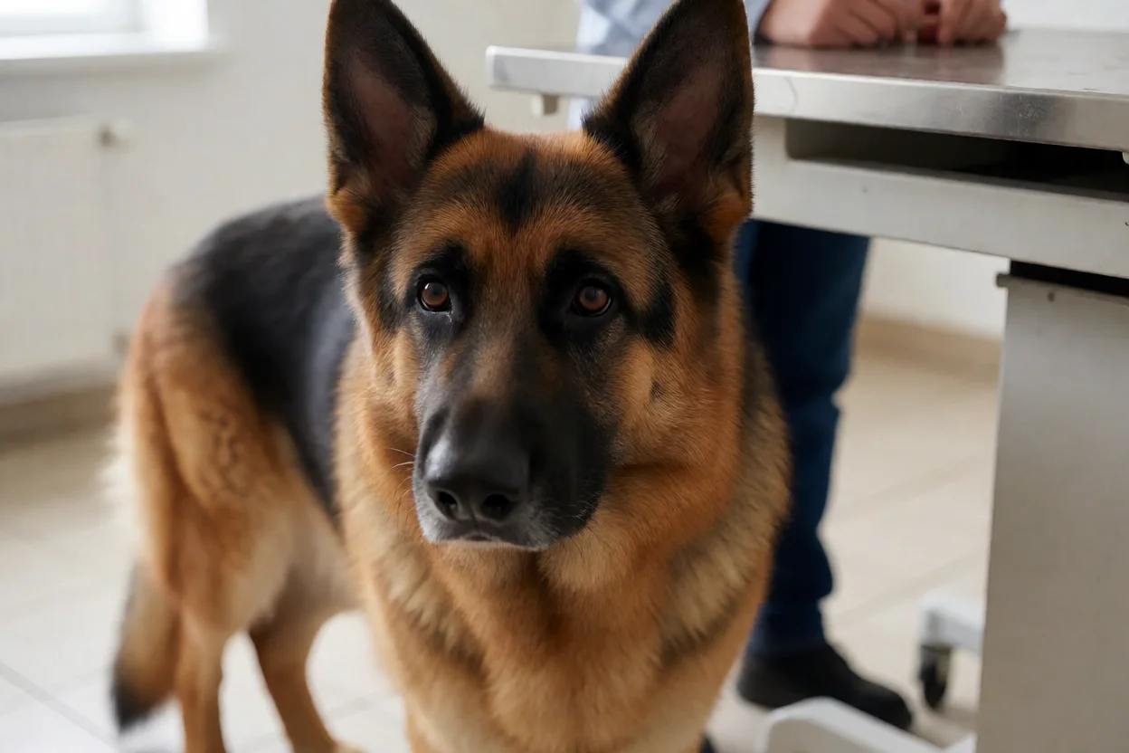 Pastor Alemão em consulta veterinária de rotina mostrando acompanhamento de saúde