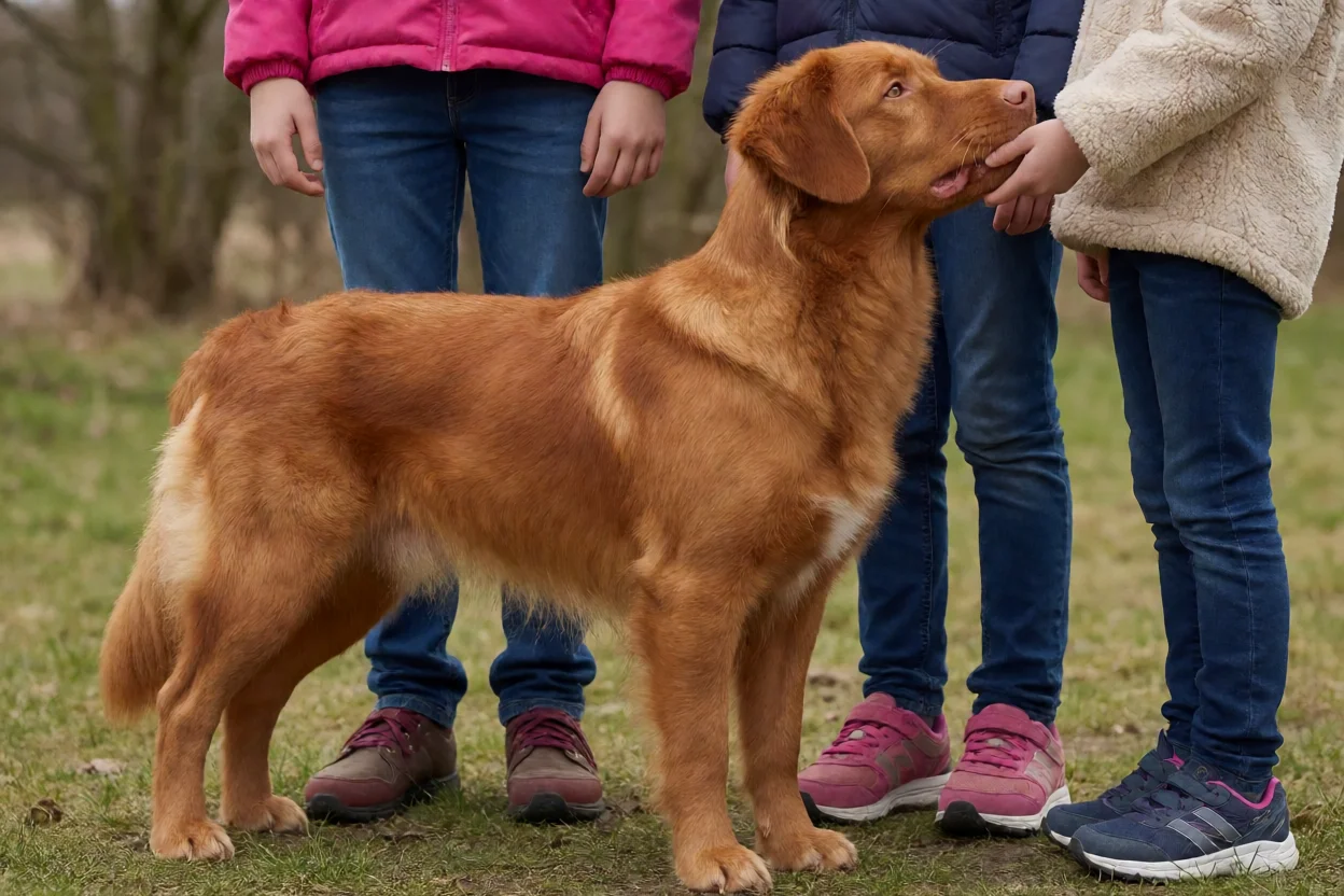 Retriever da Nova Escócia paciente com crianças em ambiente familiar