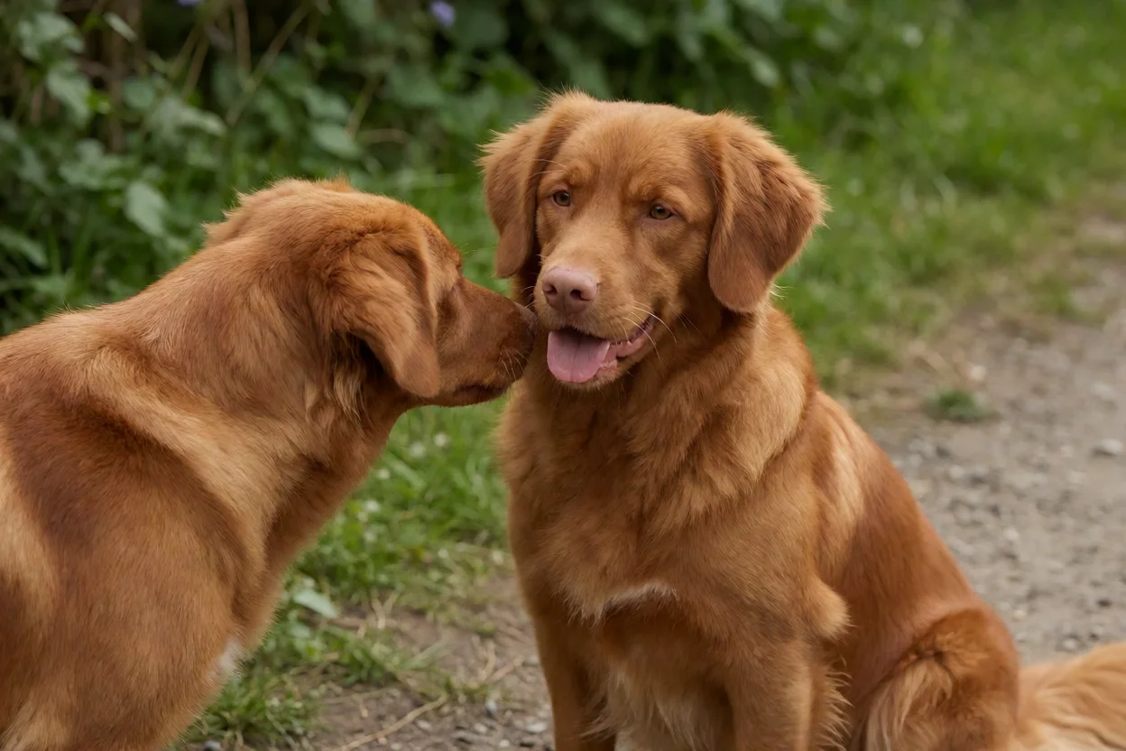 Retriever da Nova Escócia socializando com outro cão