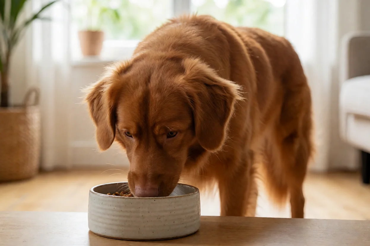 Retriever da Nova Escócia adulto a comer refeição