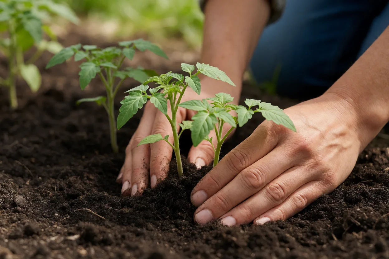 Mudas de tomate sendo transplantadas para o solo da horta