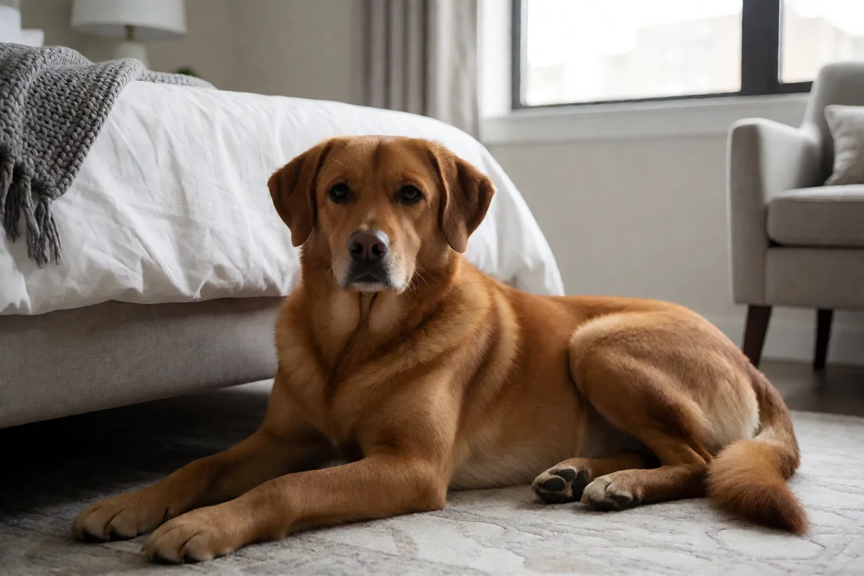 Vira-lata caramelo descansando tranquilamente em um apartamento